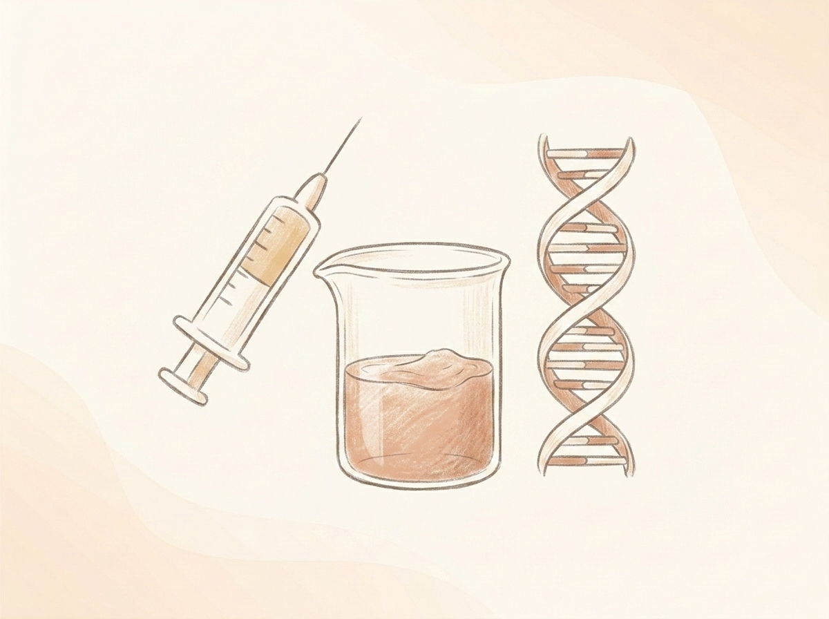 Terracota clay elements next to a scientific glass beaker with a fresh green plant sprig representing male contraception clinical pipeline
